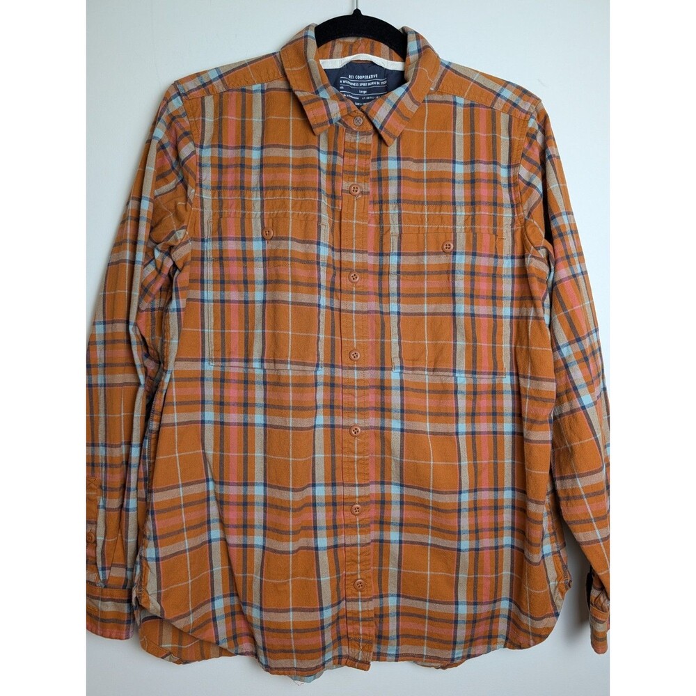 REI Co-op Wallace Lake Orange Plaid Flannel Shirt Womens Large Button Up